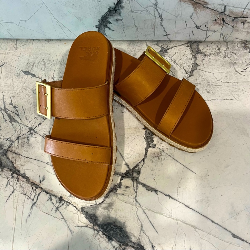 Sorel | Roaming Buckle Jute Slide, Camel Brown. EUC.
